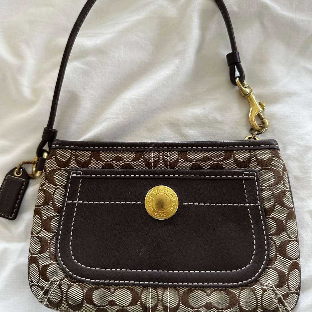 Coach Brown Signature Canvas Mini Wristlet with Dark Brown Leather Trim